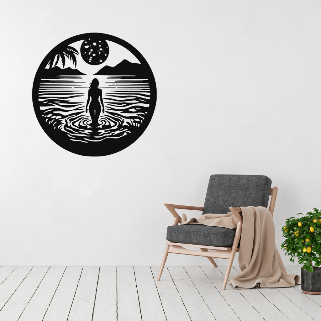 Moonlit Serenity | Coastal Silhouette Metal Wall Art displayed in a contemporary living room.