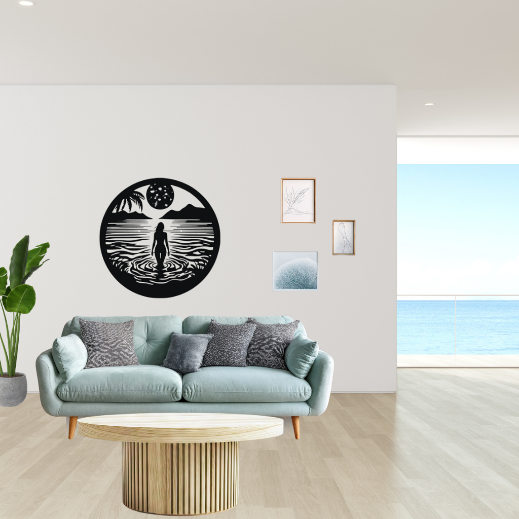 Moonlit Serenity | Coastal Silhouette Metal Wall Art mounted above a sofa in a bright modern coastal living room.