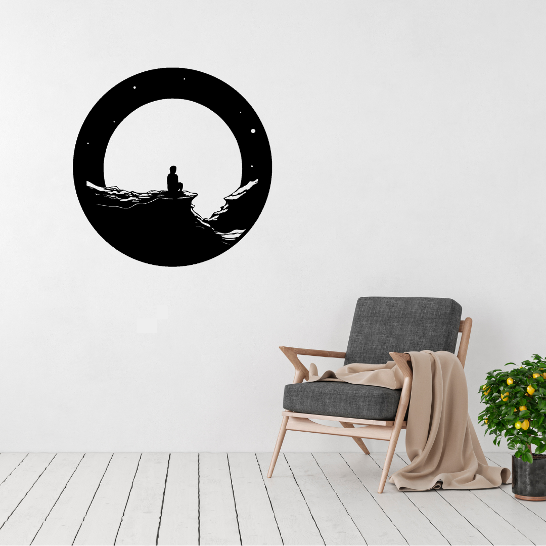 Moonlit Serenity | Full Moon Metal Wall Art displayed on a modern white wall above a contemporary armchair.