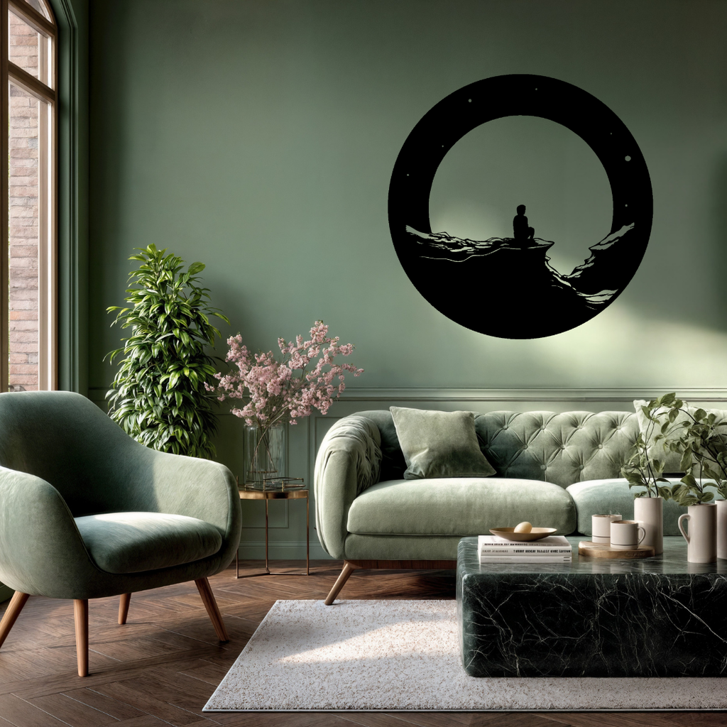 Moonlit Serenity | Full Moon Metal Wall Art showcased in a stylish contemporary living room above a sofa.