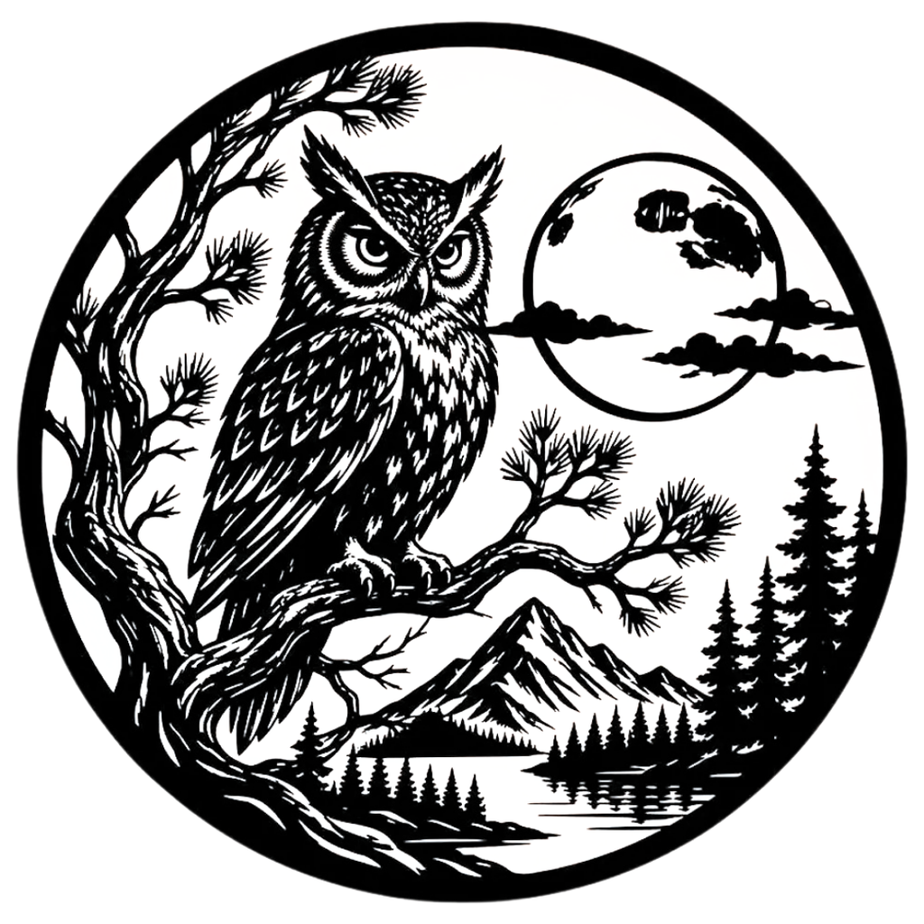 Moonlit Wisdom | Owl Circular Metal Wall Art featuring an intricate owl perched on a tree branch with a full moon, mountain landscape, forest, and lake in a precision-cut circular black metal design.