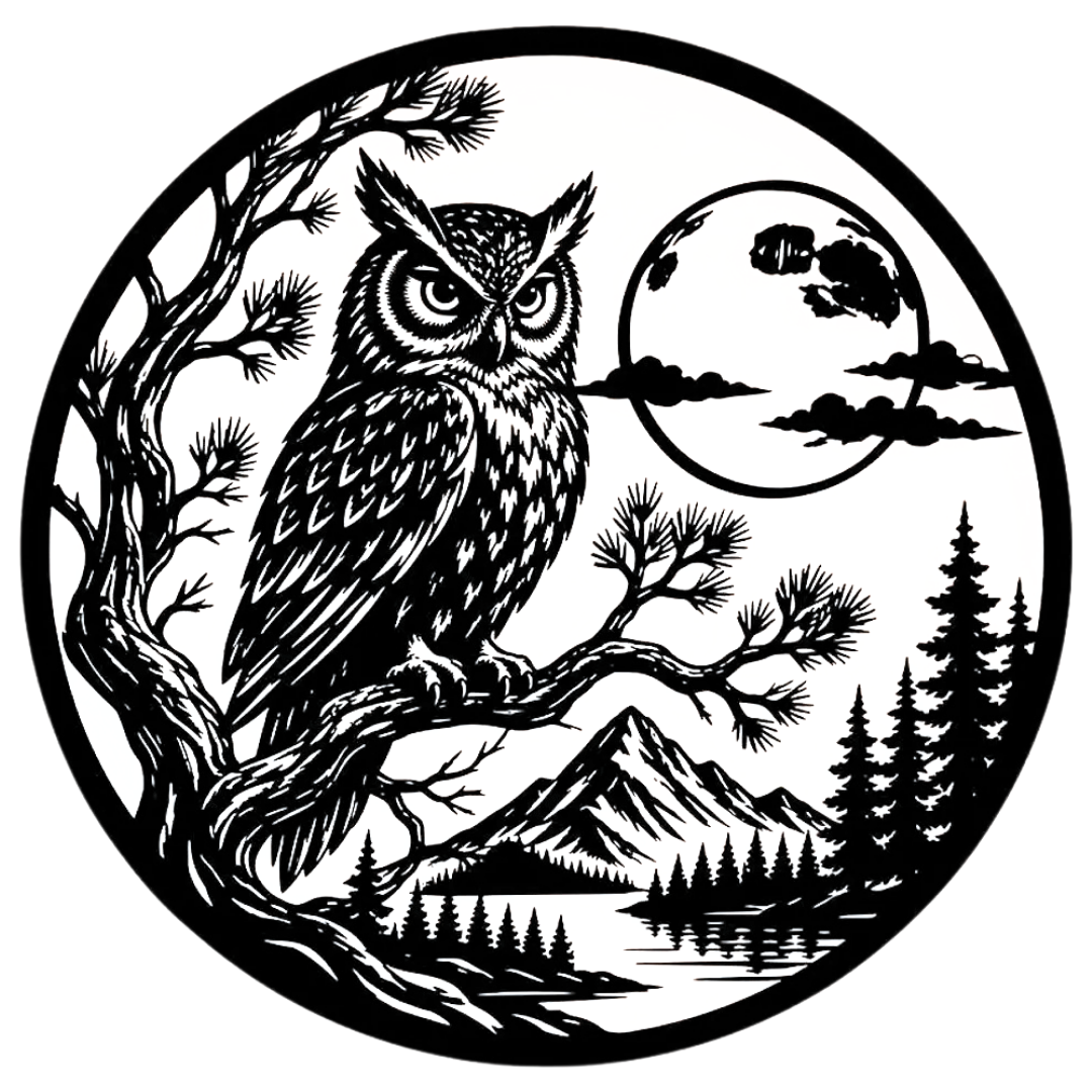 Moonlit Wisdom | Owl Circular Metal Wall Art featuring an intricate owl perched on a tree branch with a full moon, mountain landscape, forest, and lake in a precision-cut circular black metal design.