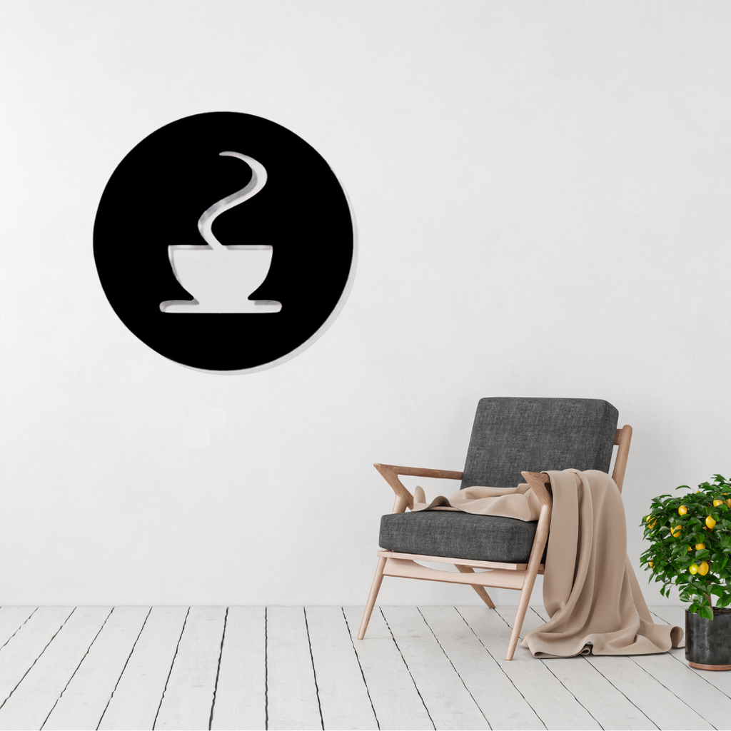 Morning Brew | Coffee Cup Metal Wall Art displayed in a modern living room.