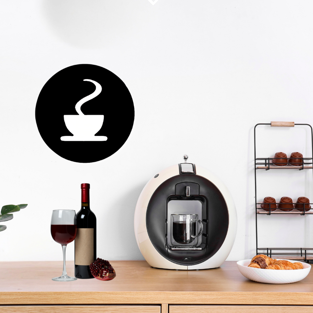 Morning Brew | Coffee Cup Metal Wall Art mounted above a modern coffee station beside an espresso machine.
