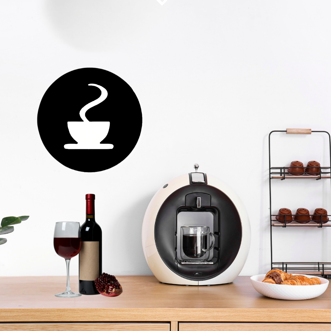 Morning Brew | Coffee Cup Metal Wall Art mounted above a modern coffee station beside an espresso machine.