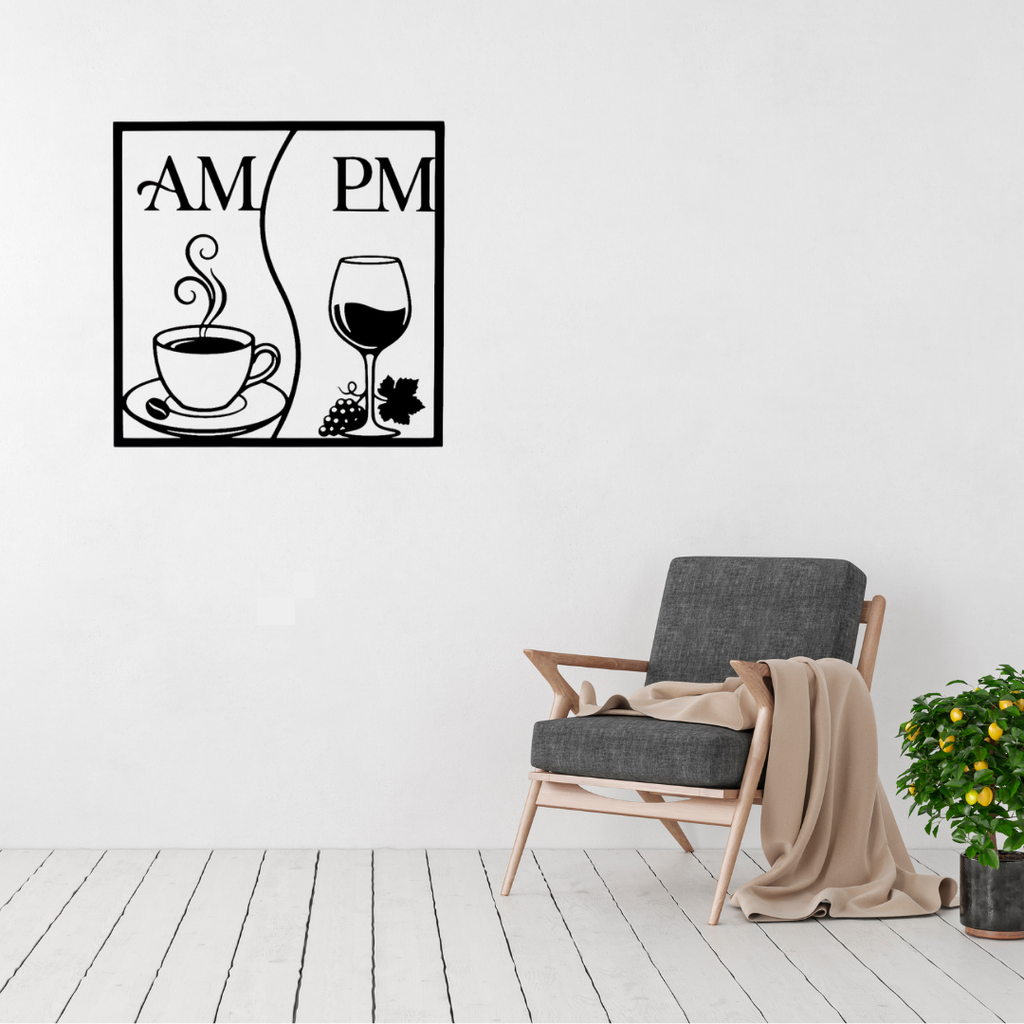 Morning Brew, Evening Pour | Coffee & Wine Metal Wall Art displayed in a modern living room, featuring a stylish split design with a steaming coffee cup for AM and a wine glass with grapes for PM in a contemporary square black metal frame, perfect for kitchens, coffee bars and home entertaining spaces.