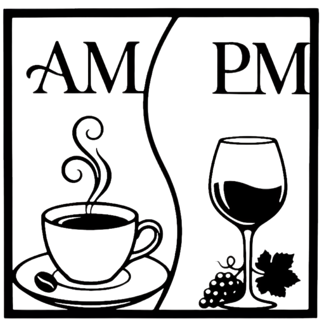 Morning Brew, Evening Pour | Coffee & Wine Metal Wall Art featuring a minimalist AM and PM design with a steaming coffee cup, wine glass, grapes and flowing divider, precision laser cut from premium black metal for kitchen décor, coffee stations, wine lovers and modern homes.