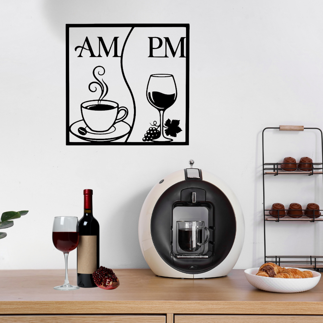 Morning Brew, Evening Pour | Coffee & Wine Metal Wall Art showcased above a coffee station, highlighting a modern square metal design with coffee and wine illustrations representing morning coffee and evening wine, ideal for kitchens, cafés, breakfast nooks, wine bars and entertaining spaces.