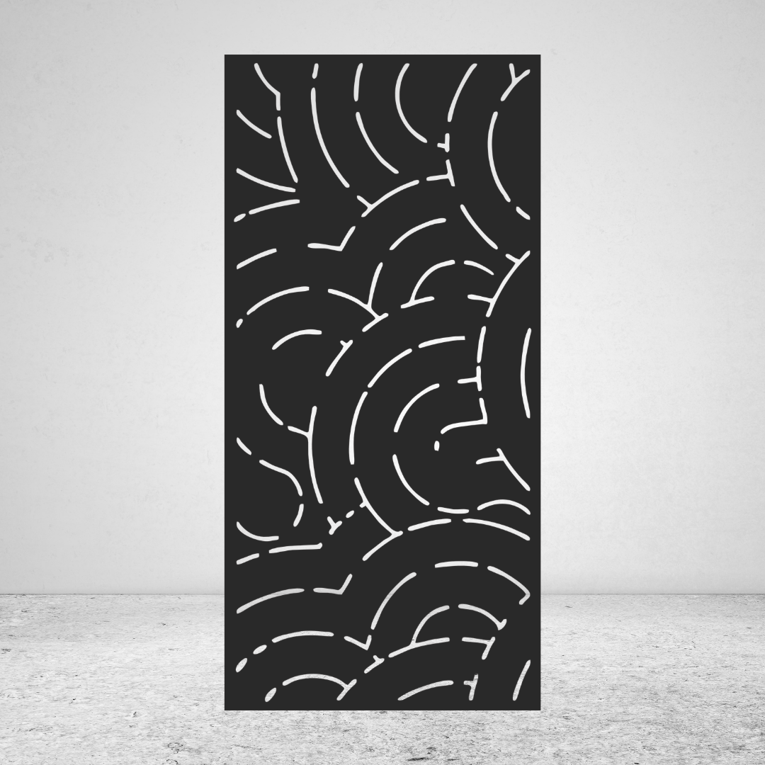 Motion abstract metal privacy screen with flowing curved lines and organic geometric cut-out pattern