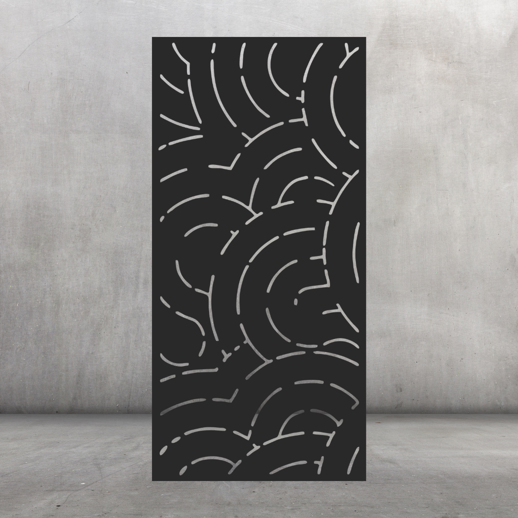 Motion contemporary metal privacy screen displayed against a dark grey wall with curved organic pattern