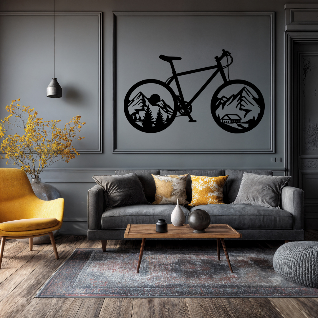 Mountain Explorer | Adventure Bicycle Metal Wall Art mounted above a contemporary sofa in a stylish living room.
