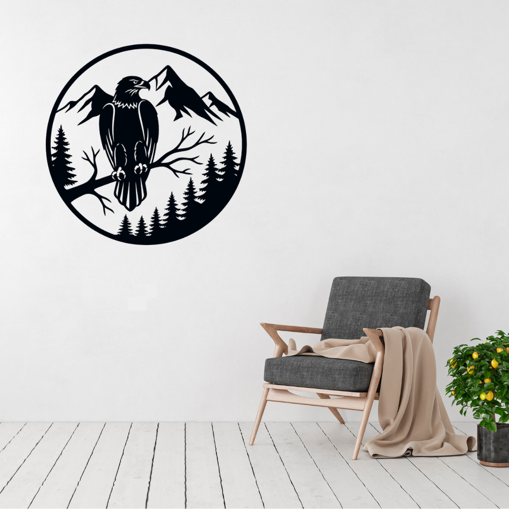 Mountain Sentinel eagle and mountain metal wall art displayed above a contemporary chair
