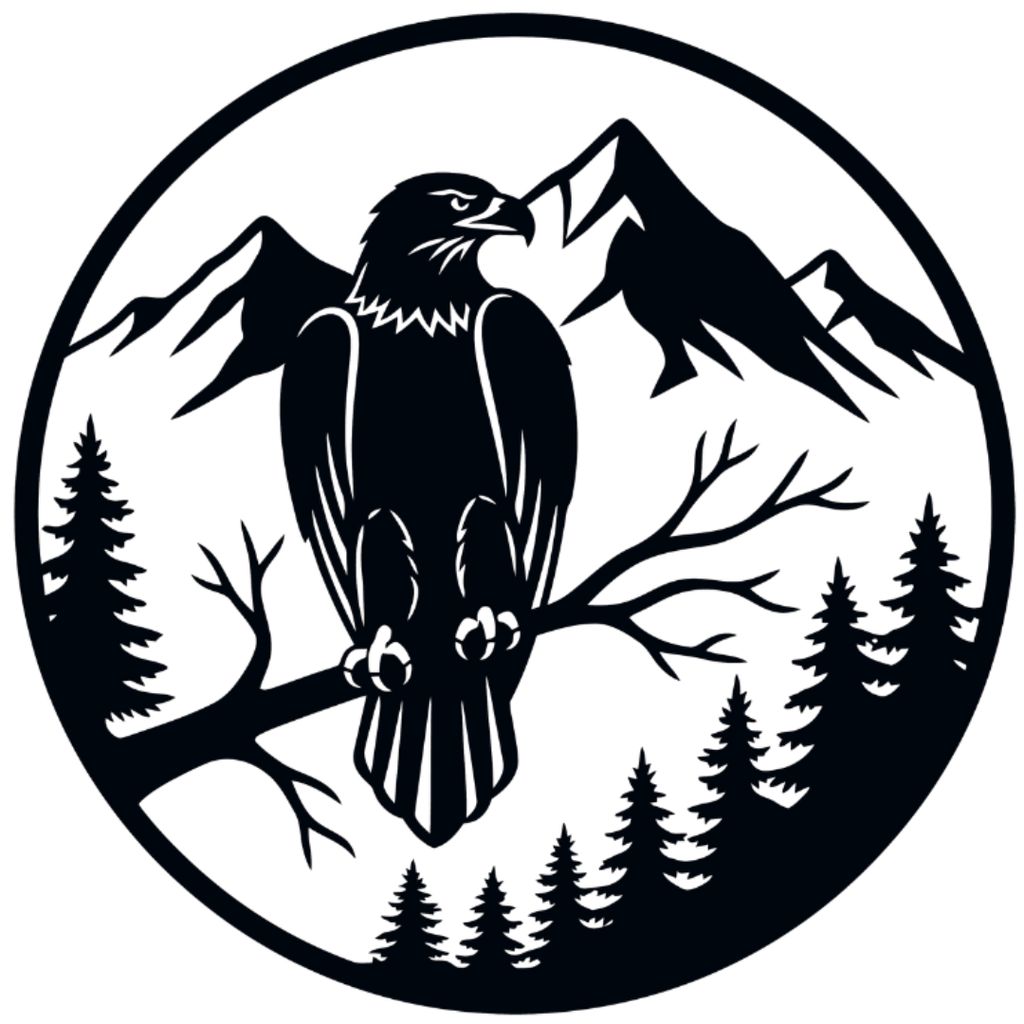 Mountain Sentinel eagle and mountain metal wall art on white background