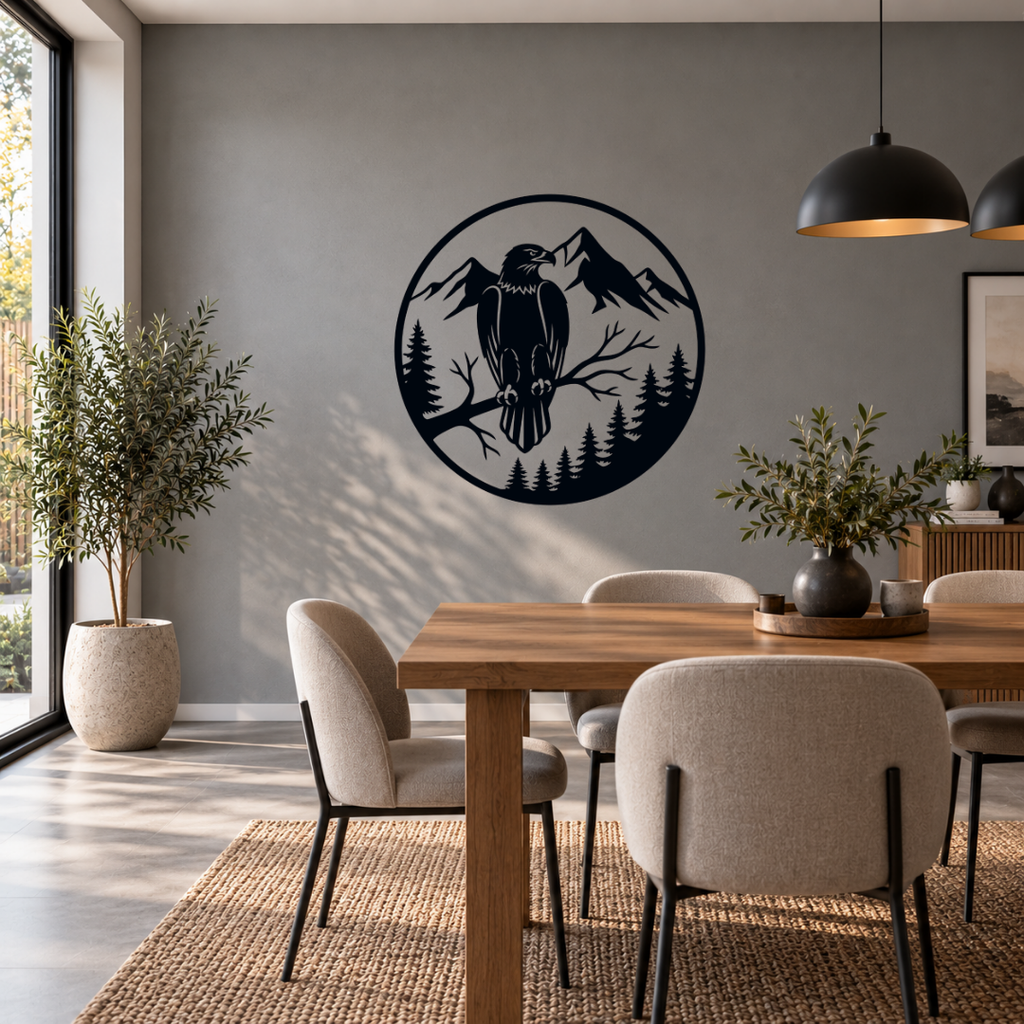Mountain Sentinel eagle and mountain metal wall art displayed in a modern interior