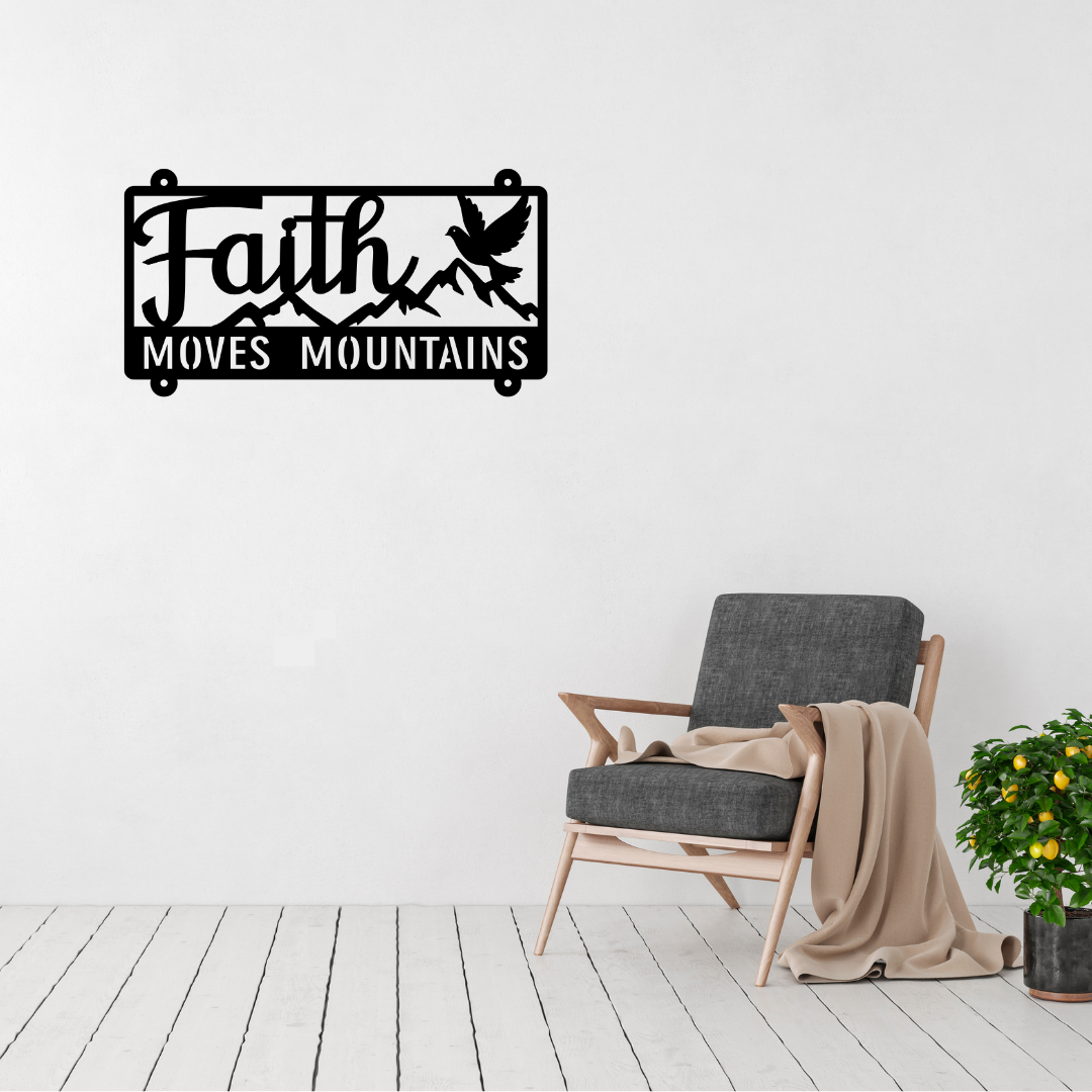 Mountains of Faith | Faith Moves Mountains Metal Wall Art displayed in a modern living room.