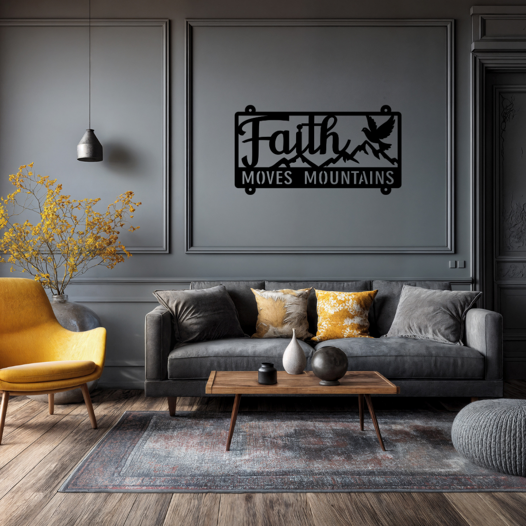 Mountains of Faith | Faith Moves Mountains Metal Wall Art showcased in a contemporary home interior.