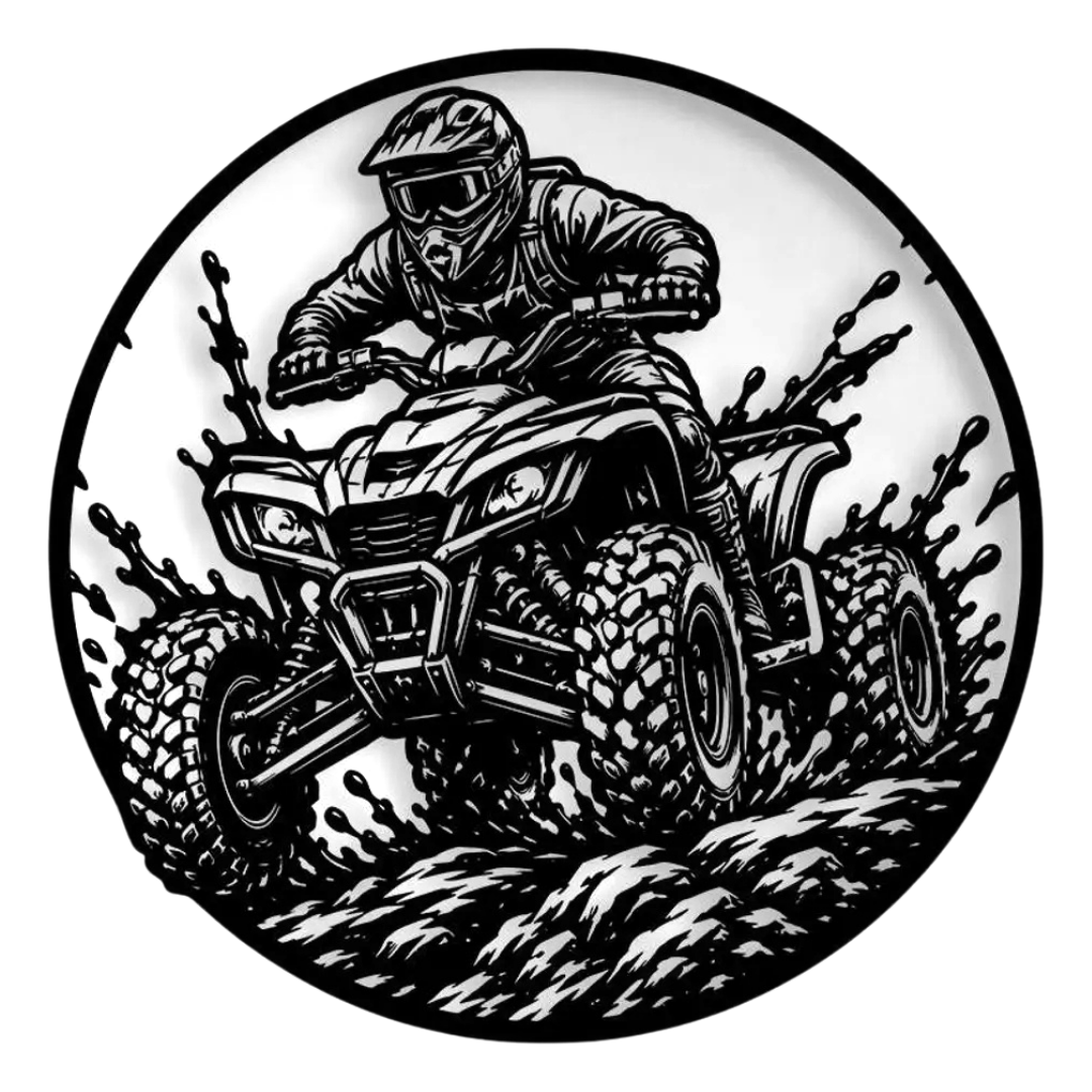 Mud Runner | ATV Quad Bike Circular Metal Wall Art featuring a detailed off-road quad bike rider kicking up mud inside a precision-cut circular black metal frame, perfect for motorsport enthusiasts and adventure-themed décor.