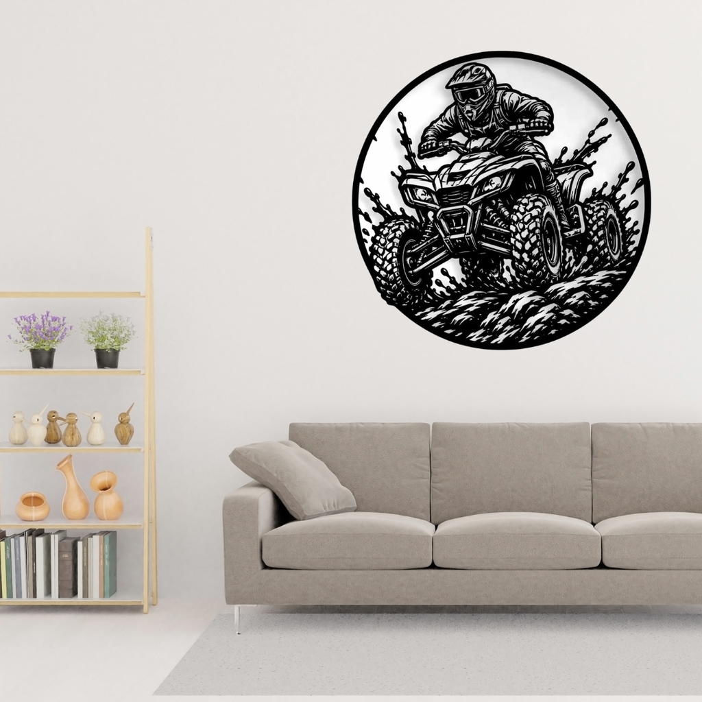 Mud Runner | ATV Quad Bike Circular Metal Wall Art showcased above a modern sofa, adding bold off-road motorsport artwork and adventure-inspired black metal décor to a contemporary living space.