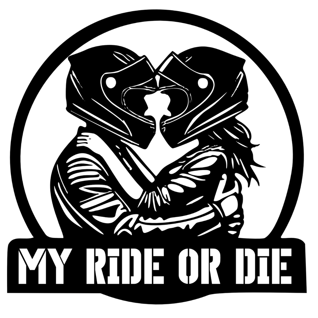 My Ride or Die motorcycle couple metal wall art on white background