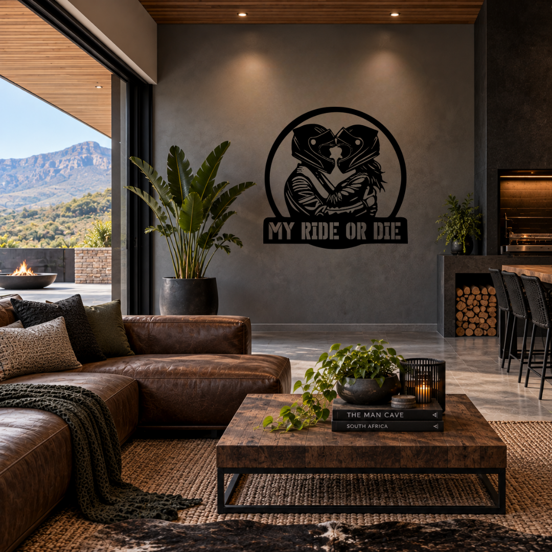 My Ride or Die motorcycle couple metal wall art displayed in a modern interior