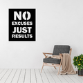 No Excuses motivational metal wall art displayed on a bright modern living room wall.