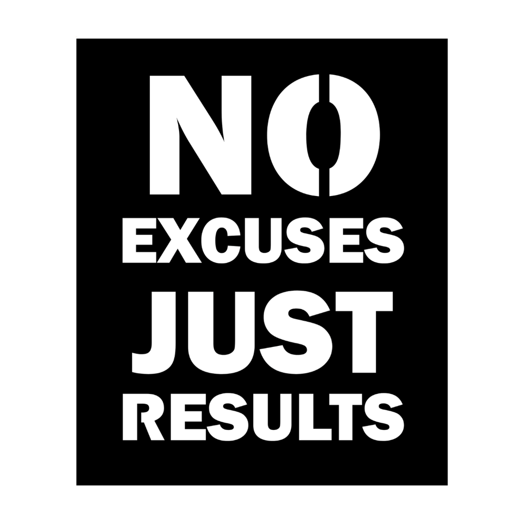 Close-up of the No Excuses Just Results laser-cut metal wall art with bold typography.