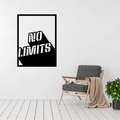 No Limits motivational typography metal wall art displayed in a modern living room beside a contemporary lounge chair.