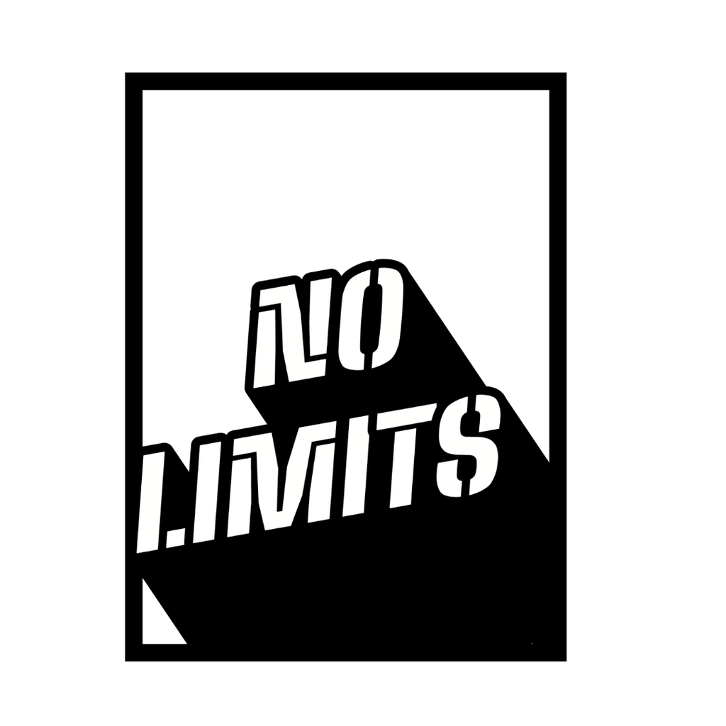 Close-up of the No Limits laser-cut metal wall art featuring bold retro typography with dramatic shadow effects.