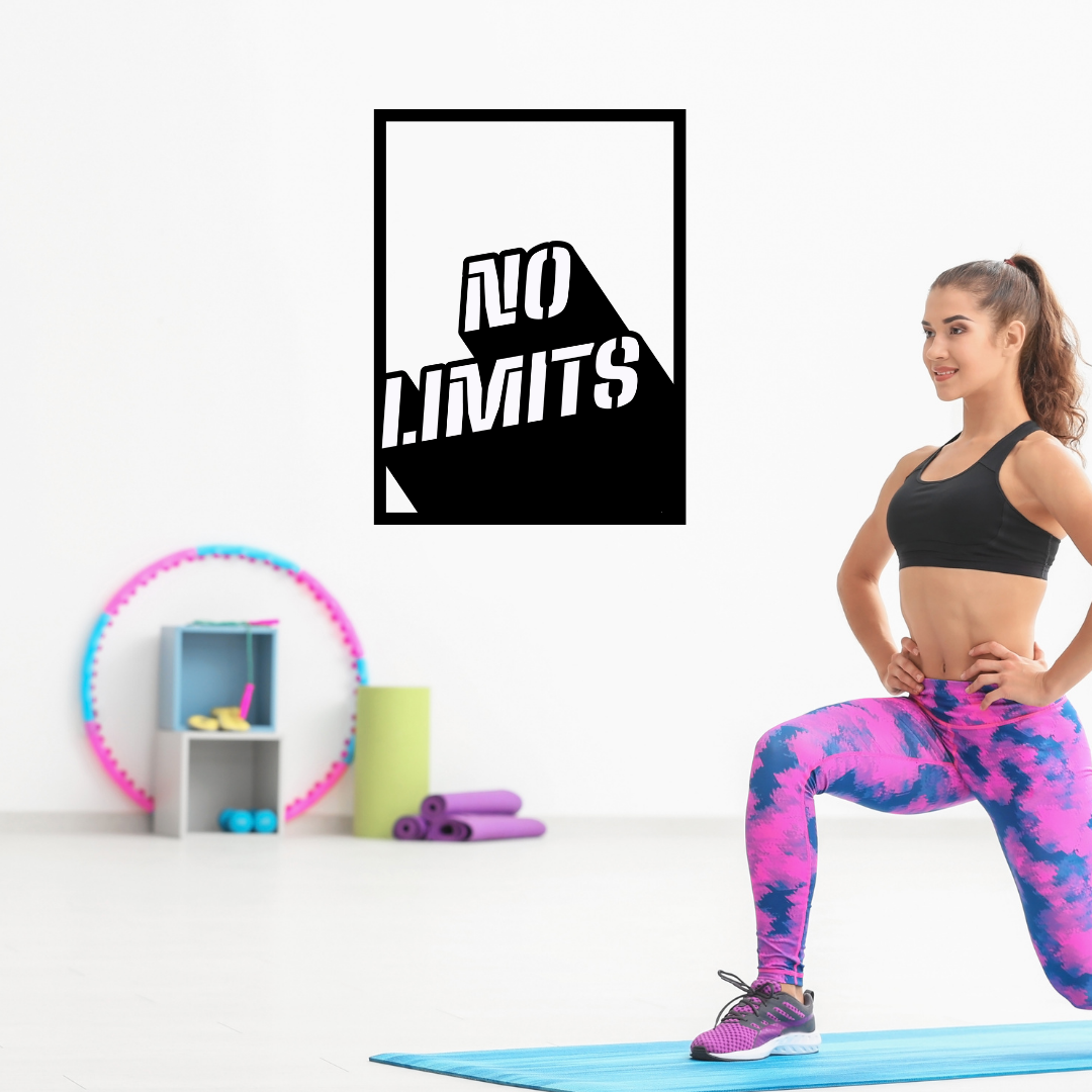 No Limits inspirational metal wall art displayed in a contemporary home gym beside a fitness training area.