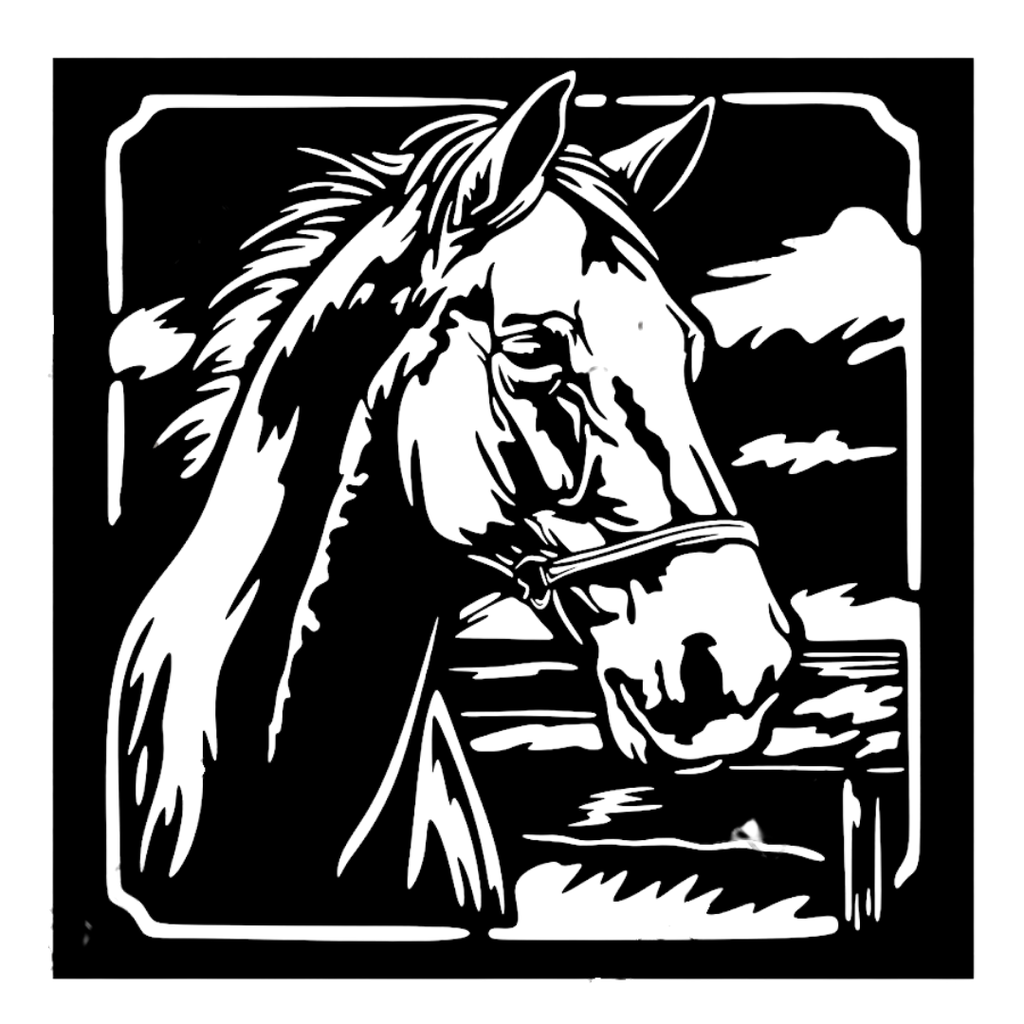 Noble Spirit | Horse Portrait Metal Wall Art featuring a detailed horse head wearing a bridle with a rustic fence and countryside landscape in a square black metal wall décor design for horse lovers and equestrian homes.