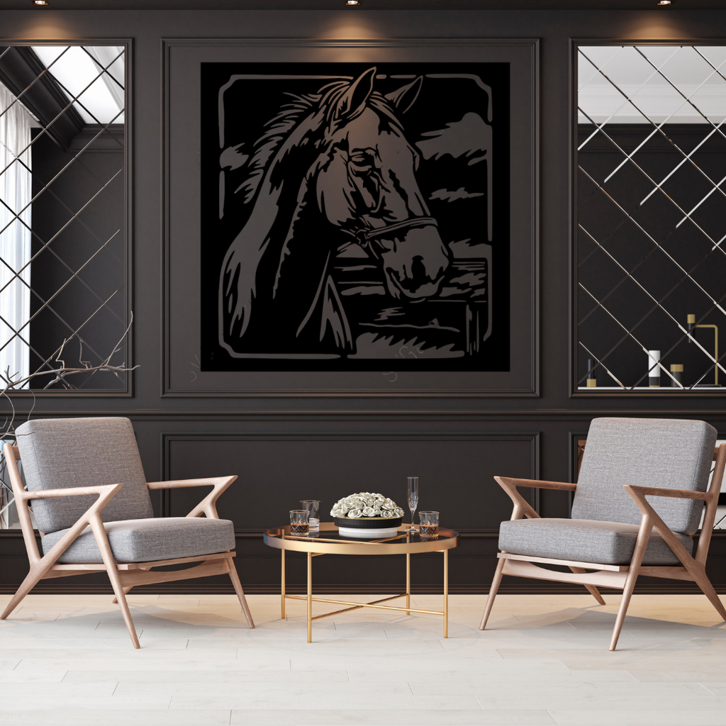 Noble Spirit | Horse Portrait Metal Wall Art showcased in a luxury contemporary interior, featuring a beautifully detailed horse portrait in a premium square black metal wall art design perfect for equestrian-inspired home décor.