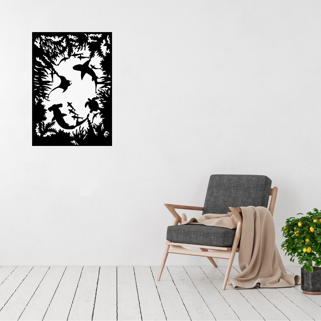 Ocean Depths | Marine Life Metal Wall Art displayed in a modern living room.