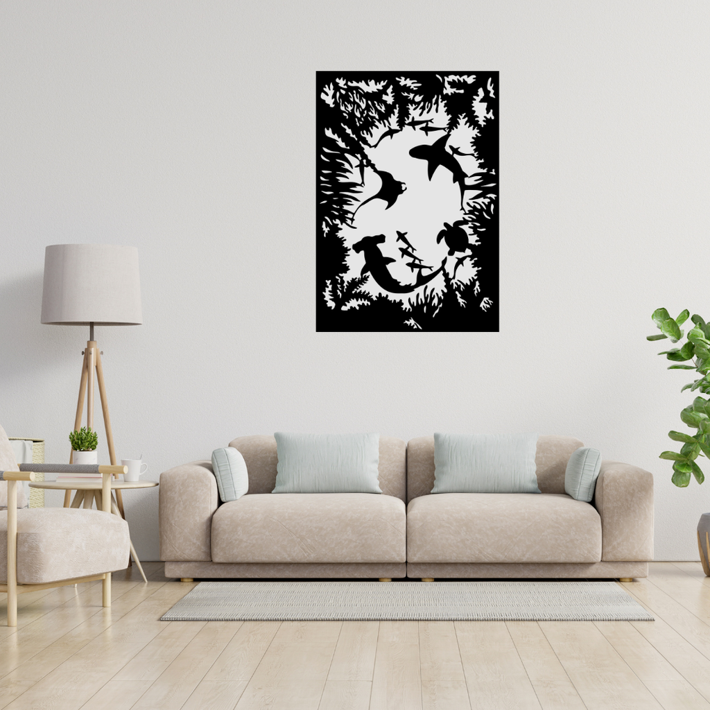 Ocean Depths | Marine Life Metal Wall Art mounted above a modern sofa in a bright living room.