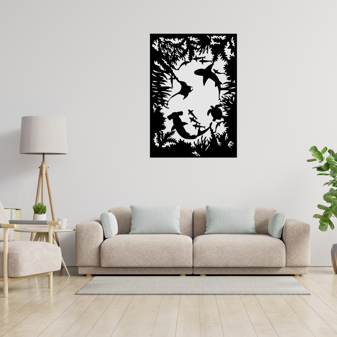 Ocean Depths | Marine Life Metal Wall Art mounted above a modern sofa in a bright living room.
