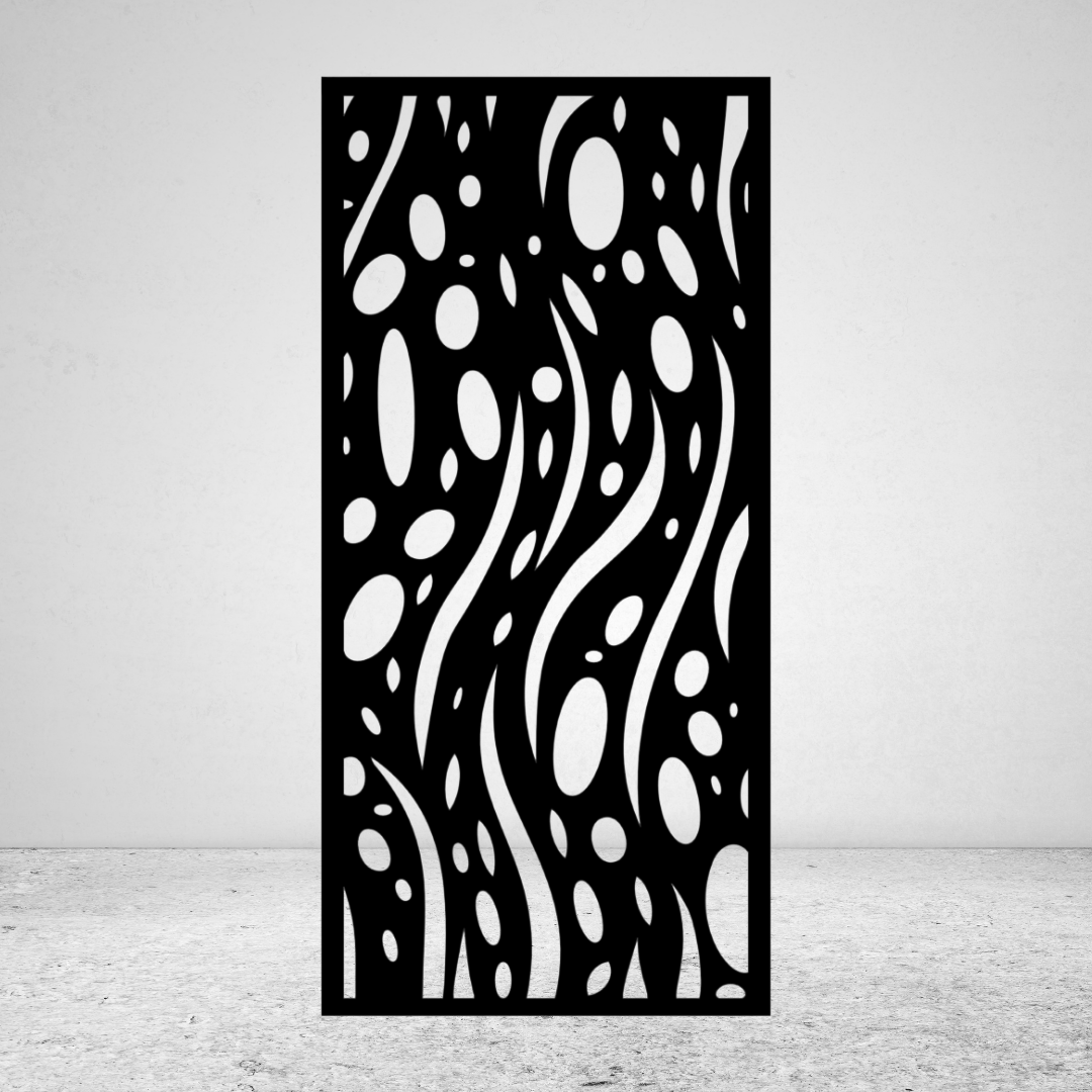 Ocean Drift underwater-inspired metal privacy screen with flowing seaweed forms and scattered bubble-like cut-outs