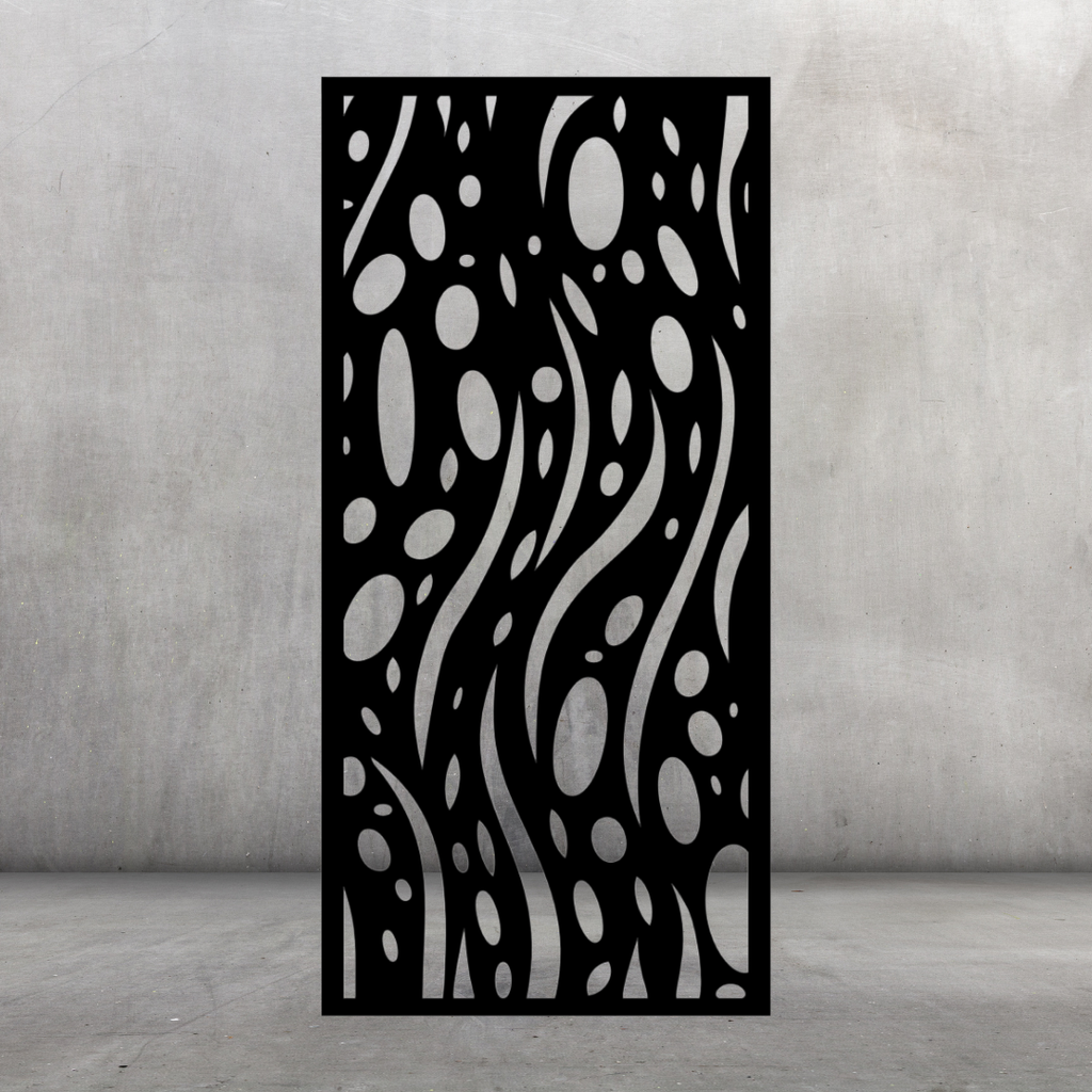 Ocean Drift contemporary metal privacy screen displayed against a dark grey wall with seaweed-like curves and floating bubbles
