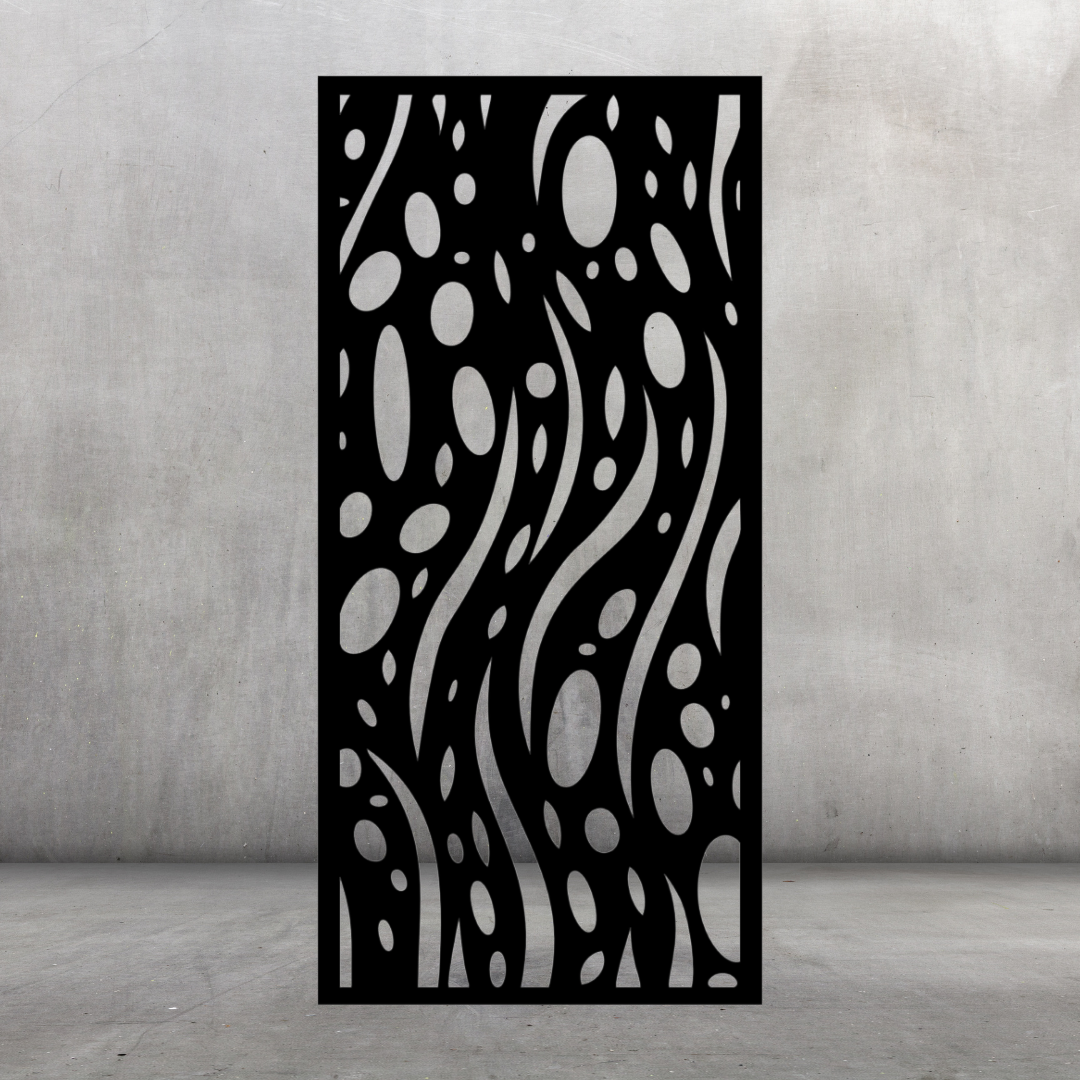 Ocean Drift contemporary metal privacy screen displayed against a dark grey wall with seaweed-like curves and floating bubbles