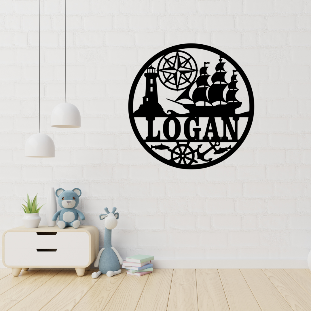 Nautical ship wall art displayed in a coastal-themed boys bedroom