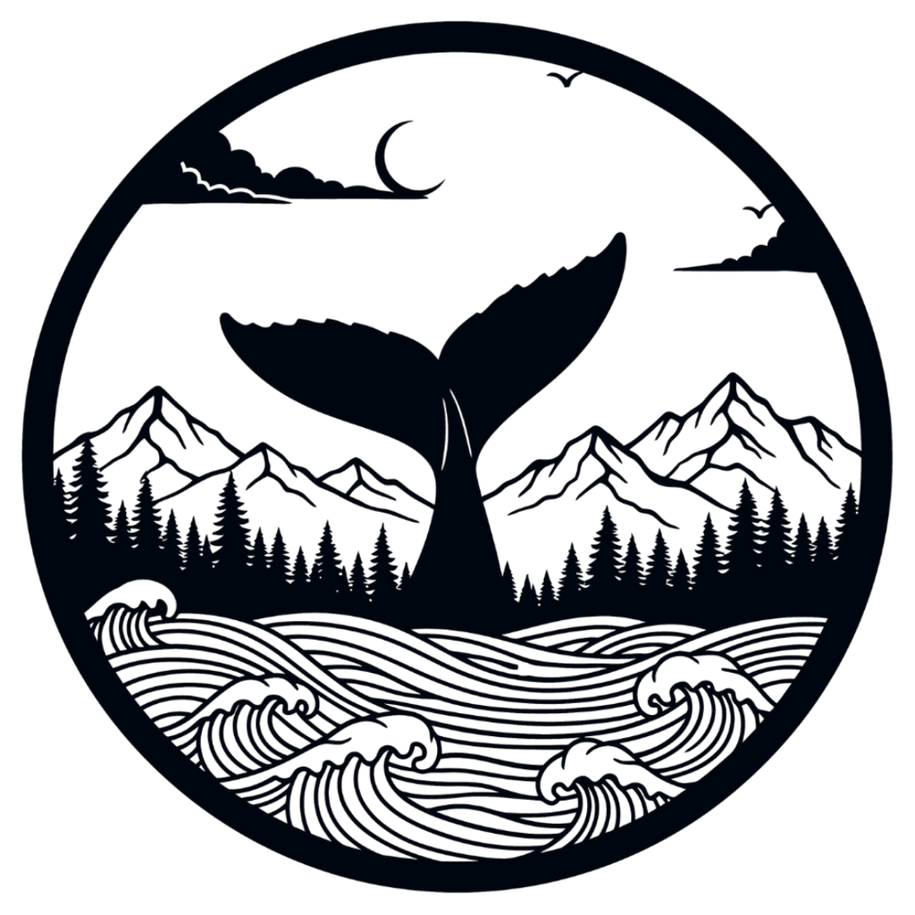 Ocean Freedom whale tail and mountain metal wall art on white background