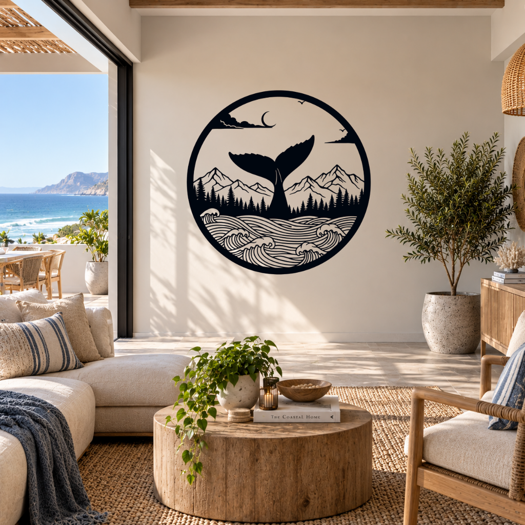Ocean Freedom whale and mountain metal wall art displayed in a modern coastal interior