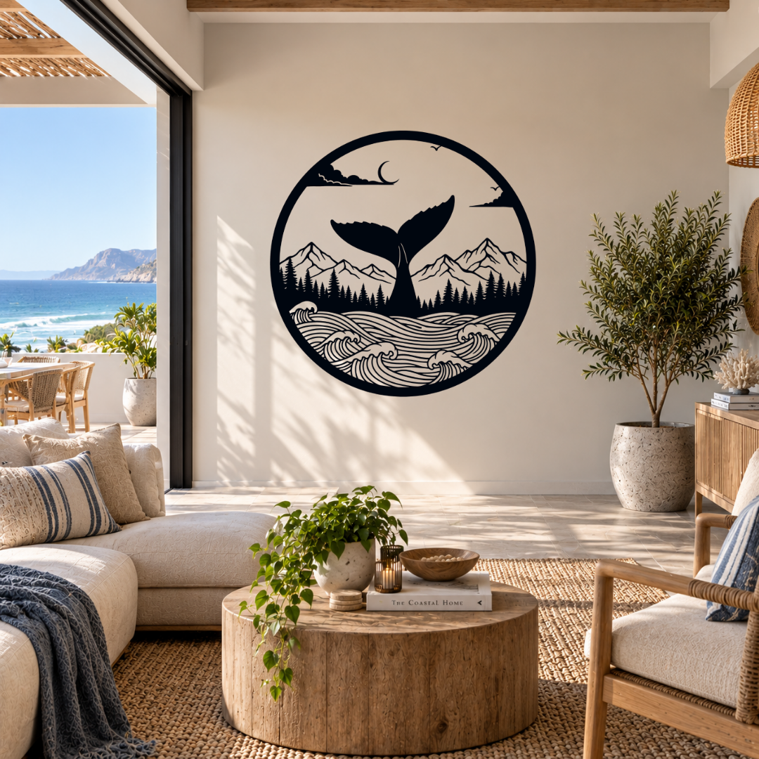 Ocean Freedom whale and mountain metal wall art displayed in a modern coastal interior