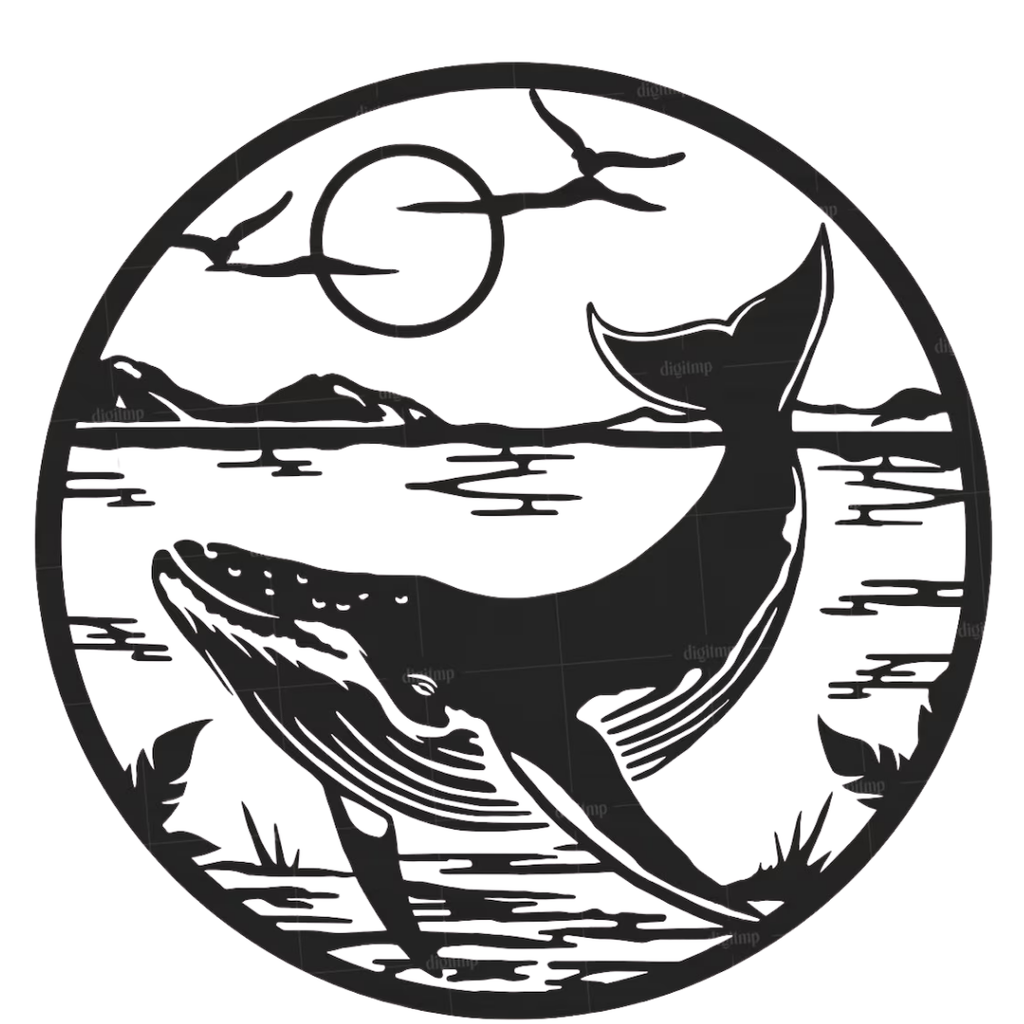 Ocean Giant | Whale Breach Metal Wall Art featuring a majestic humpback whale breaching from the ocean beneath soaring seabirds and a coastal sunset in a circular black metal wall art design.