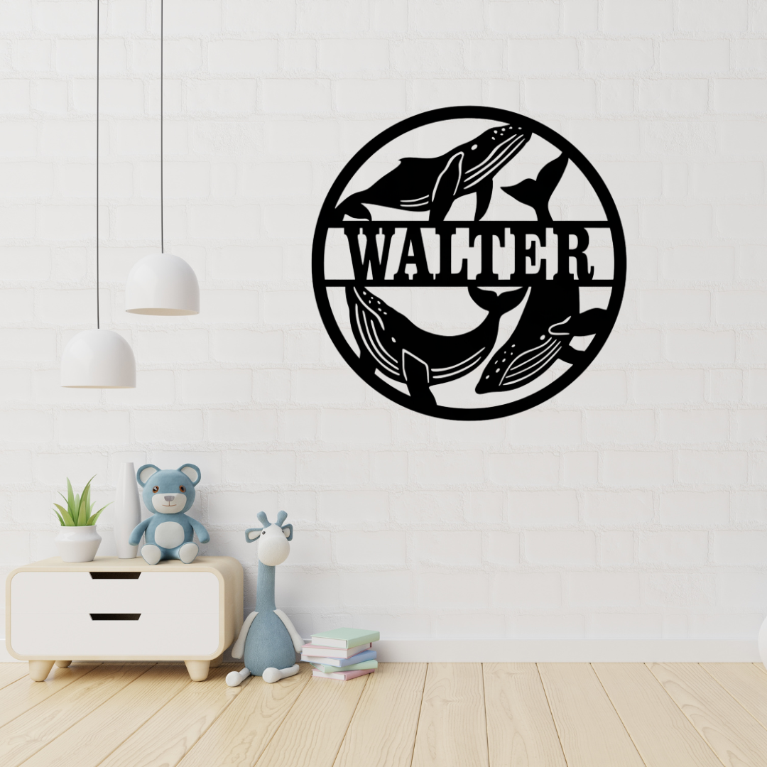 Whale metal wall art displayed in a coastal-inspired living room