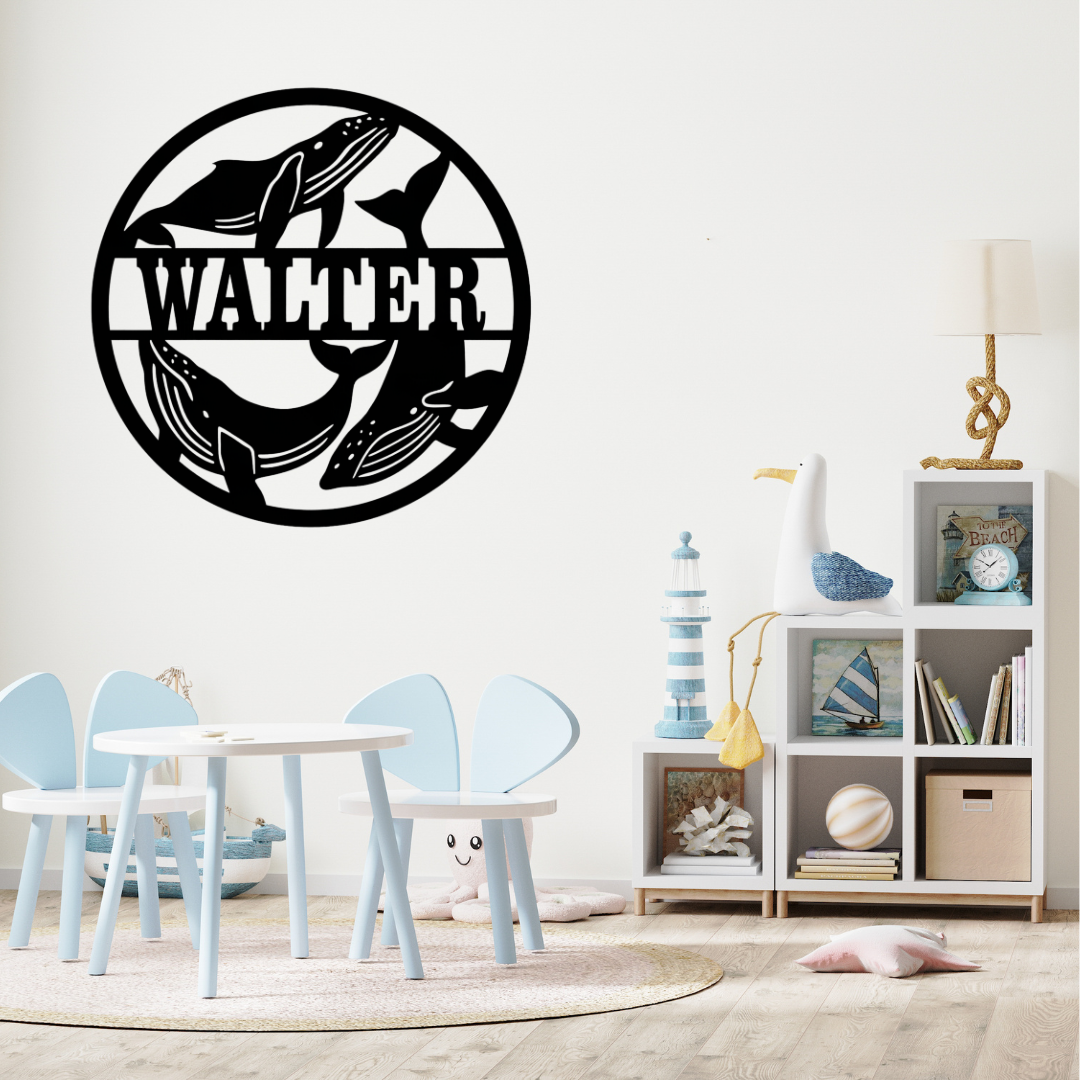 Coastal whale metal décor styled in a beach house bedroom interior