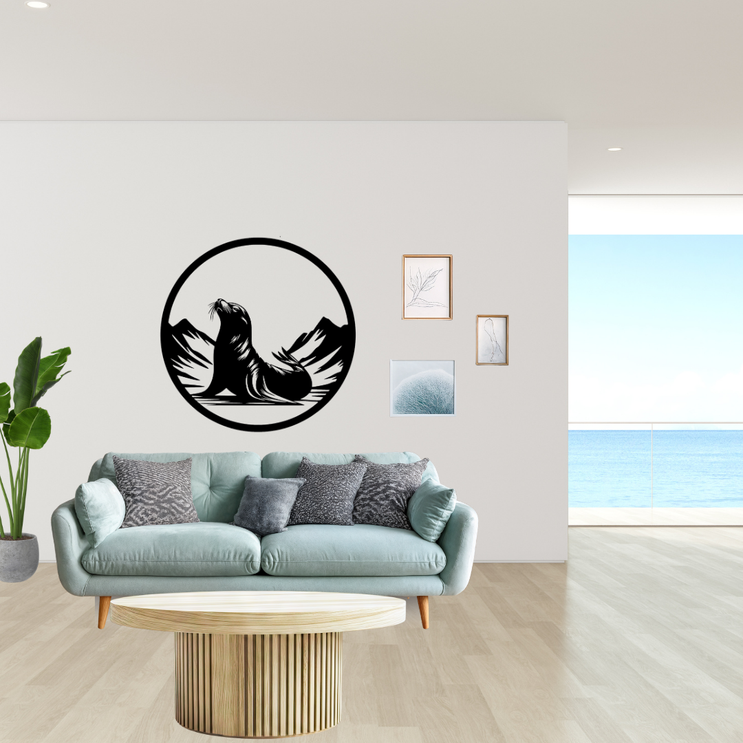 Ocean Guardian | Sea Lion Metal Wall Art showcased above a contemporary sofa, highlighting an elegant circular metal artwork inspired by ocean wildlife and rugged coastal landscapes. A premium laser cut metal wall sculpture perfect for living rooms, offices, beach homes and nature-inspired interiors.