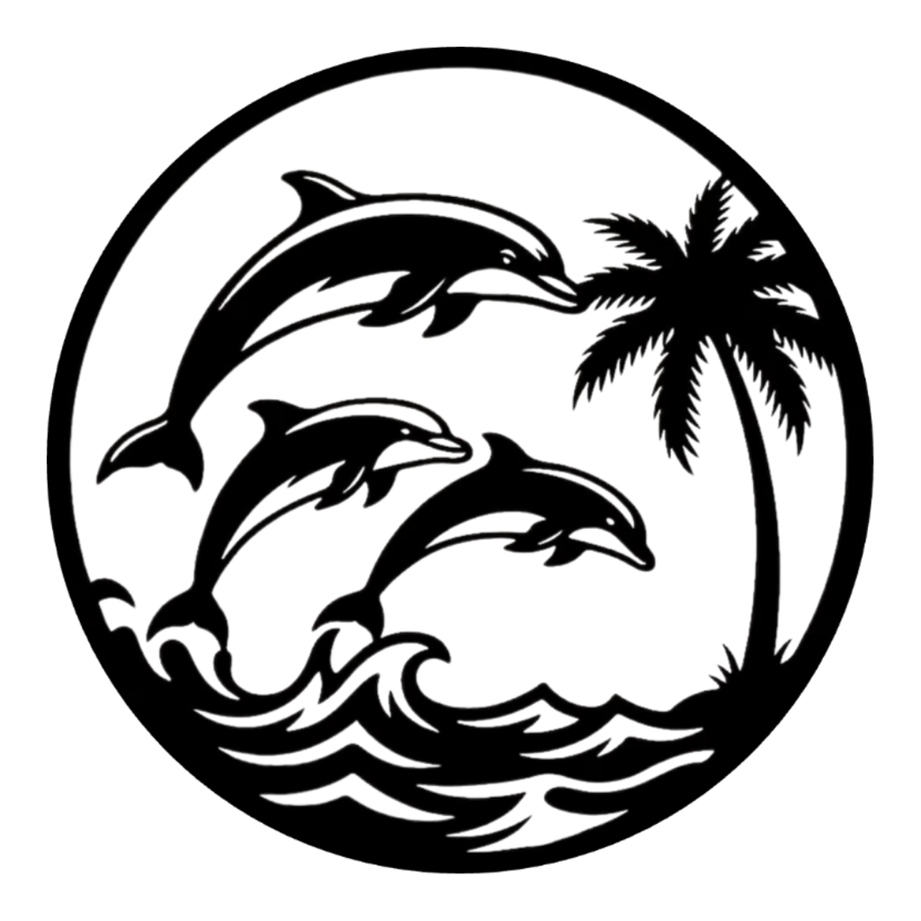 Ocean Harmony | Dolphin Family Metal Wall Art featuring three dolphins swimming and leaping above flowing ocean waves with a tropical palm tree, precision laser cut from premium black metal for coastal, nautical and beach-inspired interiors.