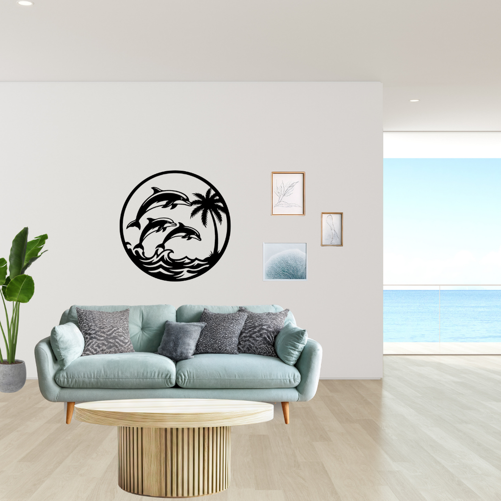 Ocean Harmony | Dolphin Family Metal Wall Art showcased on a contemporary feature wall, highlighting a family of dolphins jumping through ocean waves beneath a tropical palm tree in an elegant circular black metal design, ideal for beach houses, coastal homes and modern living spaces.