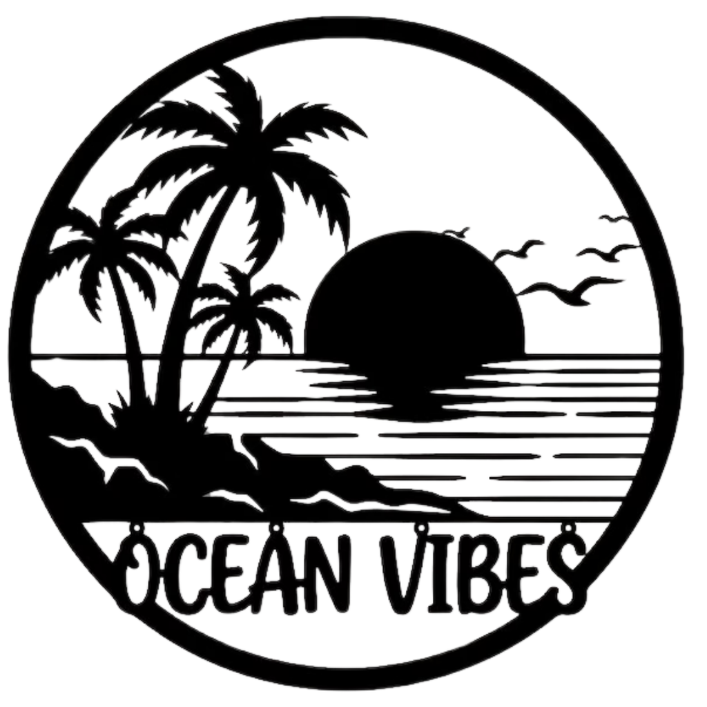 Ocean Vibes | Tropical Sunset Metal Wall Art featuring palm trees, a tropical island sunset, ocean horizon, flying birds and Ocean Vibes text in a circular black metal wall décor design for coastal and beach-inspired homes.
