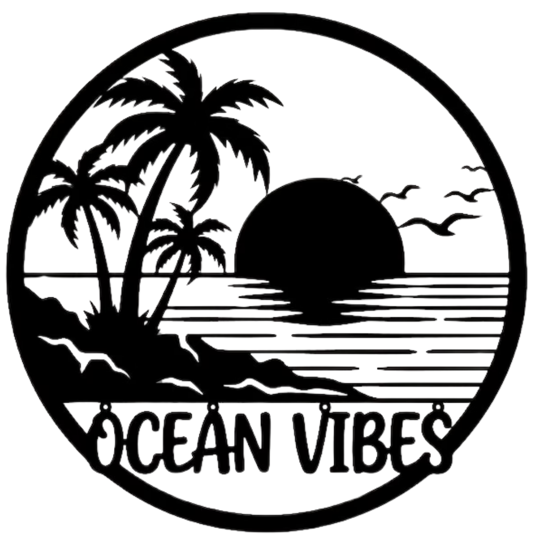 Ocean Vibes | Tropical Sunset Metal Wall Art featuring palm trees, a tropical island sunset, ocean horizon, flying birds and Ocean Vibes text in a circular black metal wall décor design for coastal and beach-inspired homes.