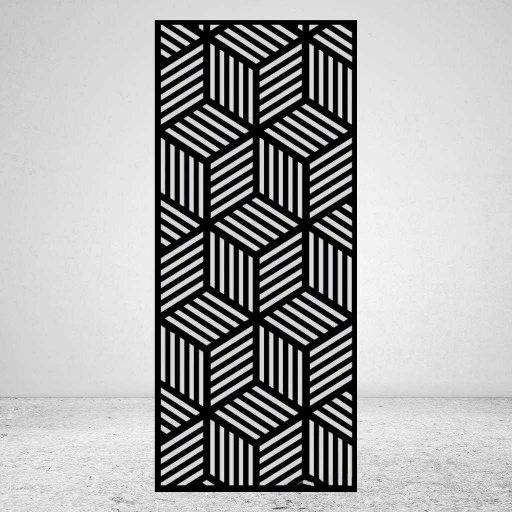 Optical Mirage geometric metal privacy screen mounted against a light grey wall with 3D cube illusion design